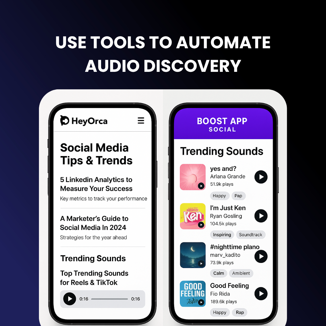 Interface of HeyOrca’s blog and Boost App Social’s trending sound curation feed