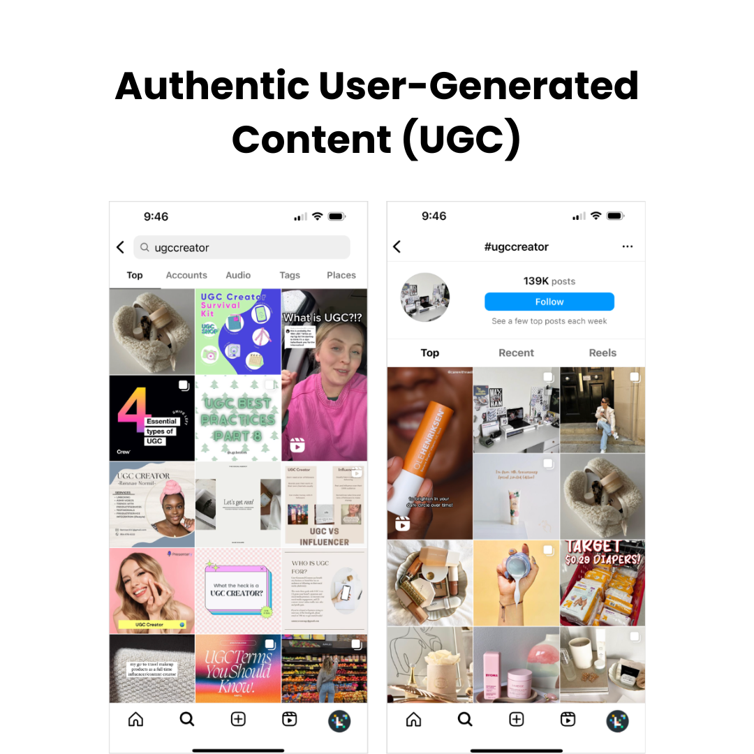 A collage of UGC posts featuring customers using a product with high engagement metrics displayed.