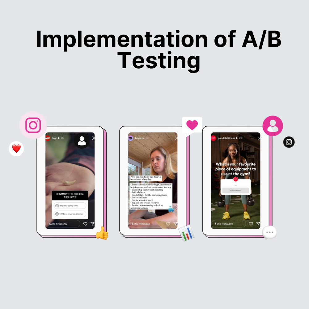 Two side-by-side smartphone screens displaying different CTA styles in Stories, with an arrow indicating comparison for testing.