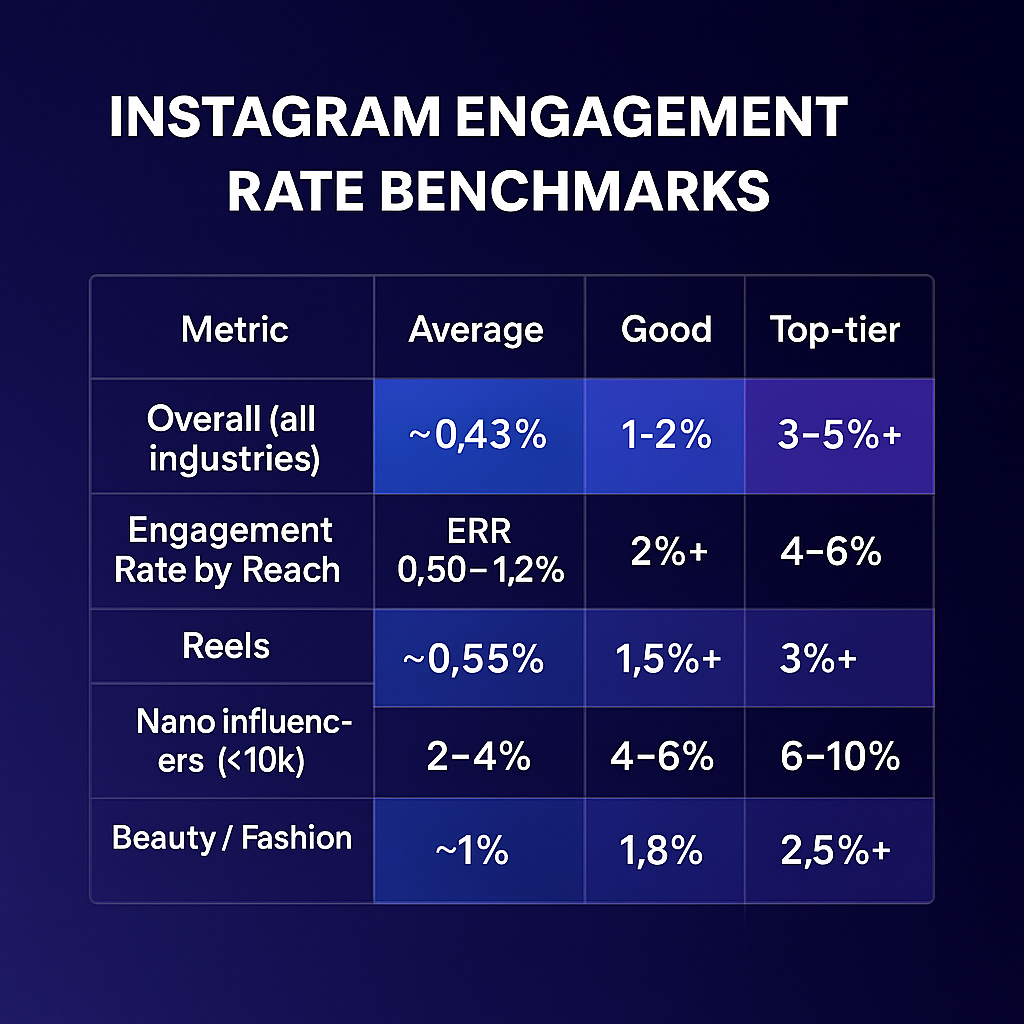 A heatmap showing engagement averages by industry and format (Reels, Carousels, Stories)