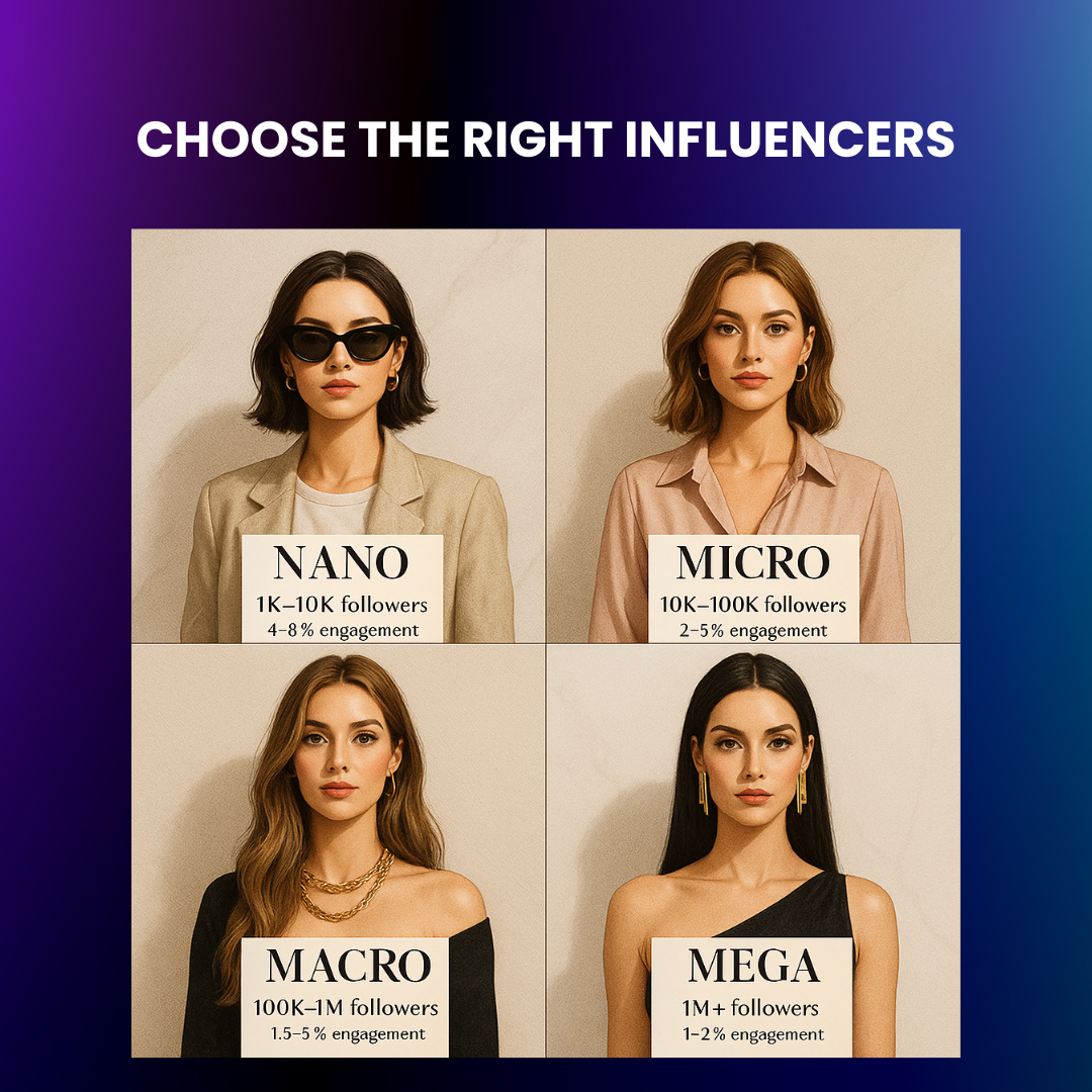 Grid showing influencer tiers with follower ranges and engagement benchmarks.
