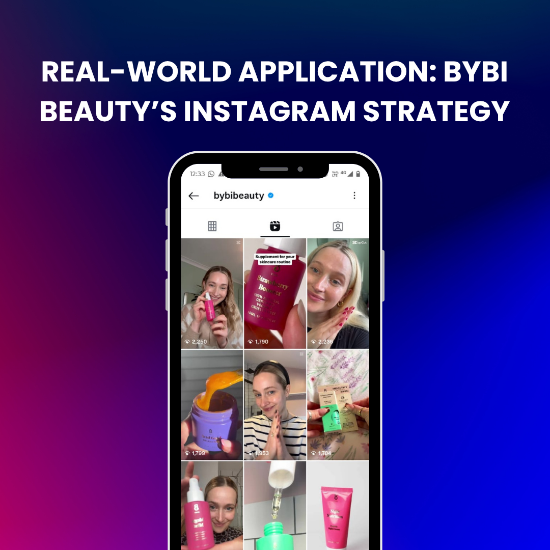 Bybi Beauty’s Instagram feed highlighting educational Reels and influencer collaborations that maintain high engagement.