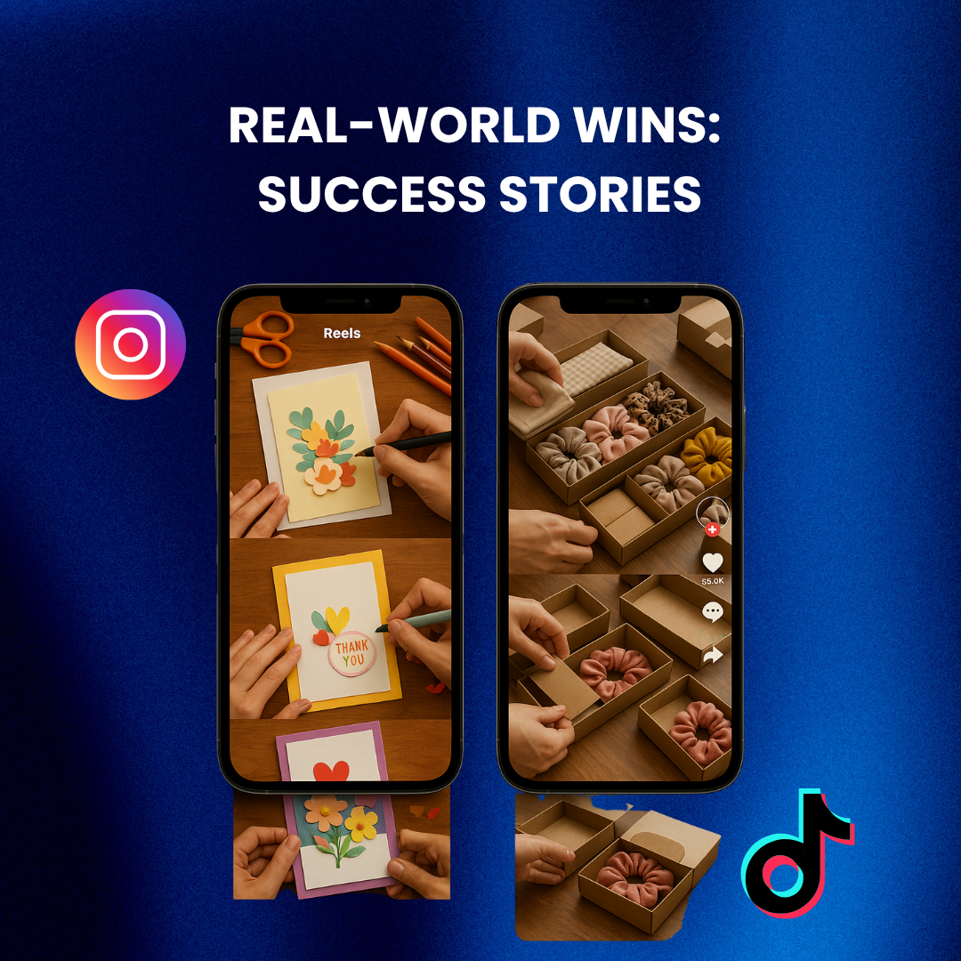 Viral Reels from small businesses showing creative card and product content.