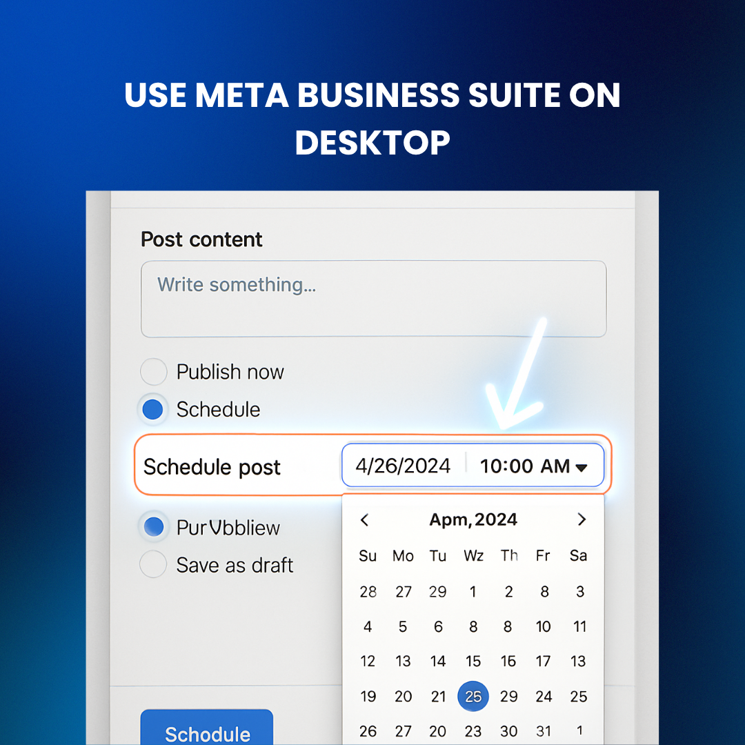 Meta Business Suite desktop interface showing how to schedule a Reel with time/date options.