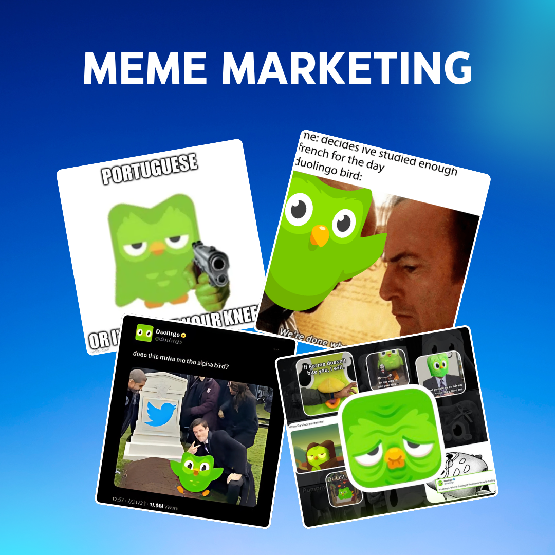 A meme related to a trending industry topic, with a high share count. (Ref: Duolingo)