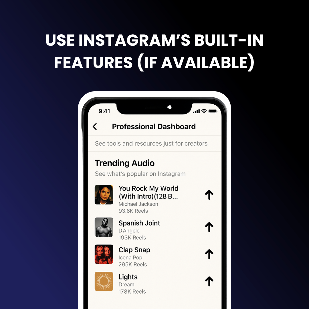Screenshot of Instagram’s Professional Dashboard showing the Trending Audio list with arrows indicating track popularity