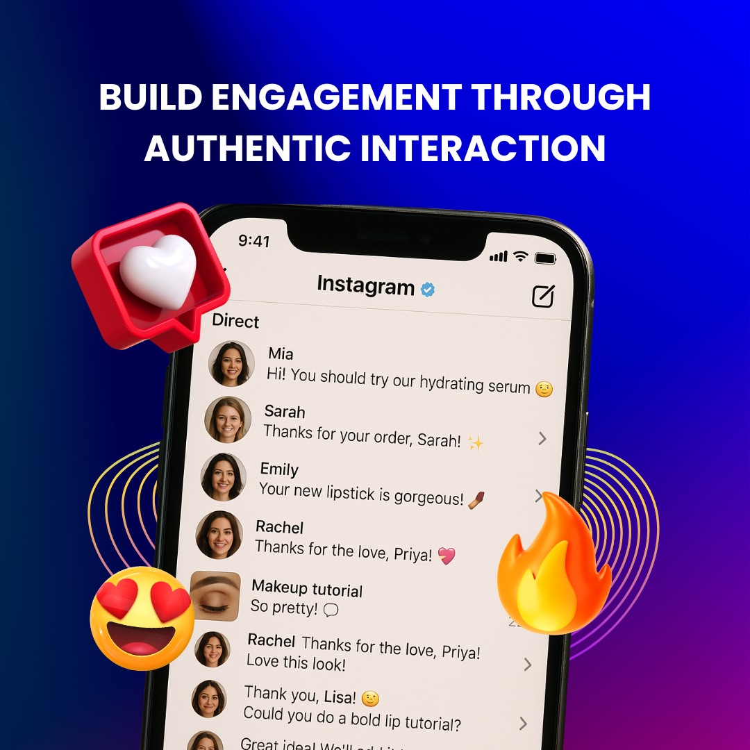 Screenshot of replies to DMs and comments using names and emojis to build connection.