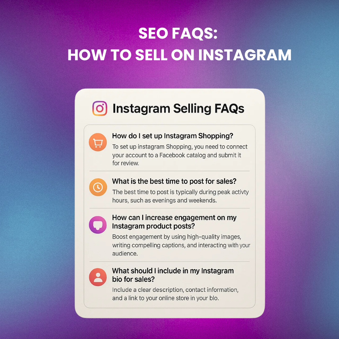 A FAQ-style card graphic featuring 5 popular Instagram selling questions.