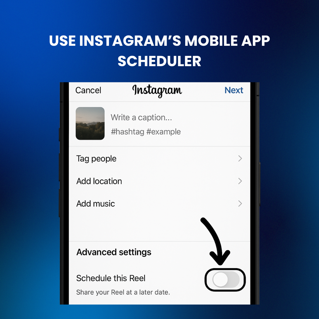Instagram mobile interface showing how to enable the 'Schedule this Reel' option from Advanced Settings