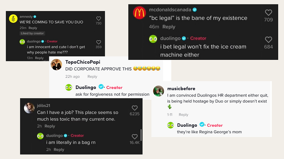 Reply to comments & DMs promptly and meaningfully, just like real-life interactions. Host live Q&A sessions and AMA (Ask Me Anything) events or social media polls. Use humor and personality to make interactions enjoyable. Ensure that you adhere to a unique and distinct brand tone. Example: Duolingo’s Hilarious TikTok Presence When you think of a ‘brand that feels like a person’, what is the first name that pops up in your mind? It should be Duolingo which has established a strong authority on social handles. Due to its humorous and witty exchanges on TikTok & Instagram, Duolingo has become one of the most popular brands on social media, demonstrating that engagement fosters loyalty.