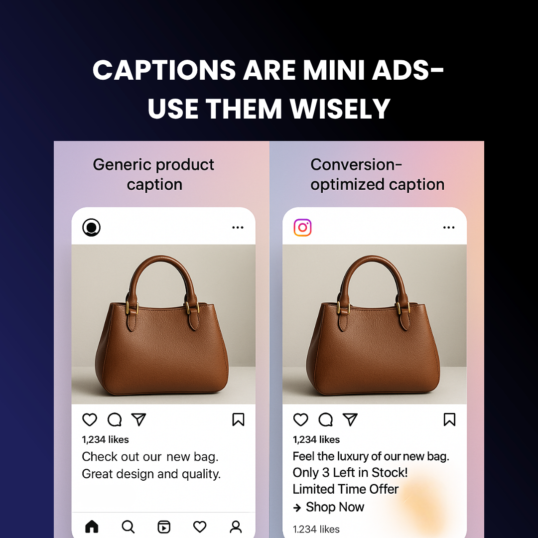 A split-screen showing a generic product caption vs. a conversion-optimized one with CTA, urgency, and emotional language.