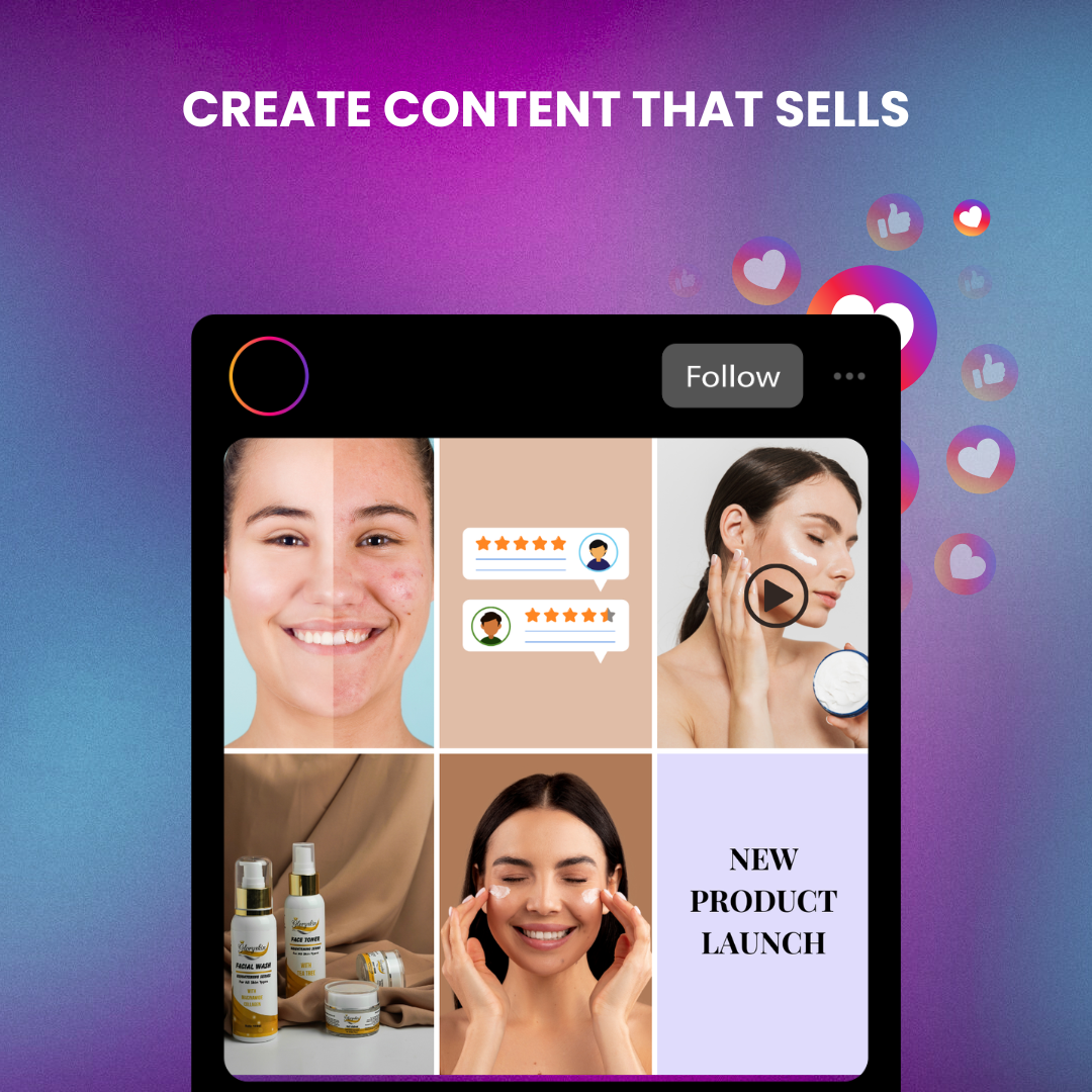 Grid of 6 types of posts — testimonials, demos, before/afters, reels, giveaways, and pinned posts.