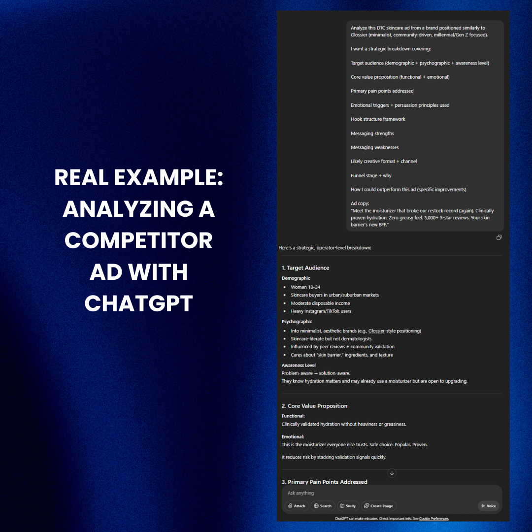 ChatGPT analyzing DTC skincare ad example with structured breakdown