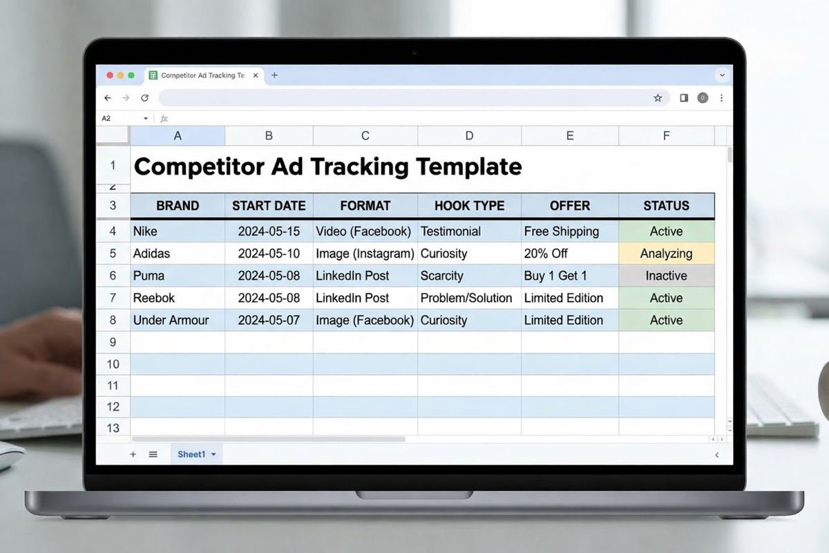 a simple spreadsheet template for tracking competitor ads — columns for brand, start date, format, hook type, offer, status