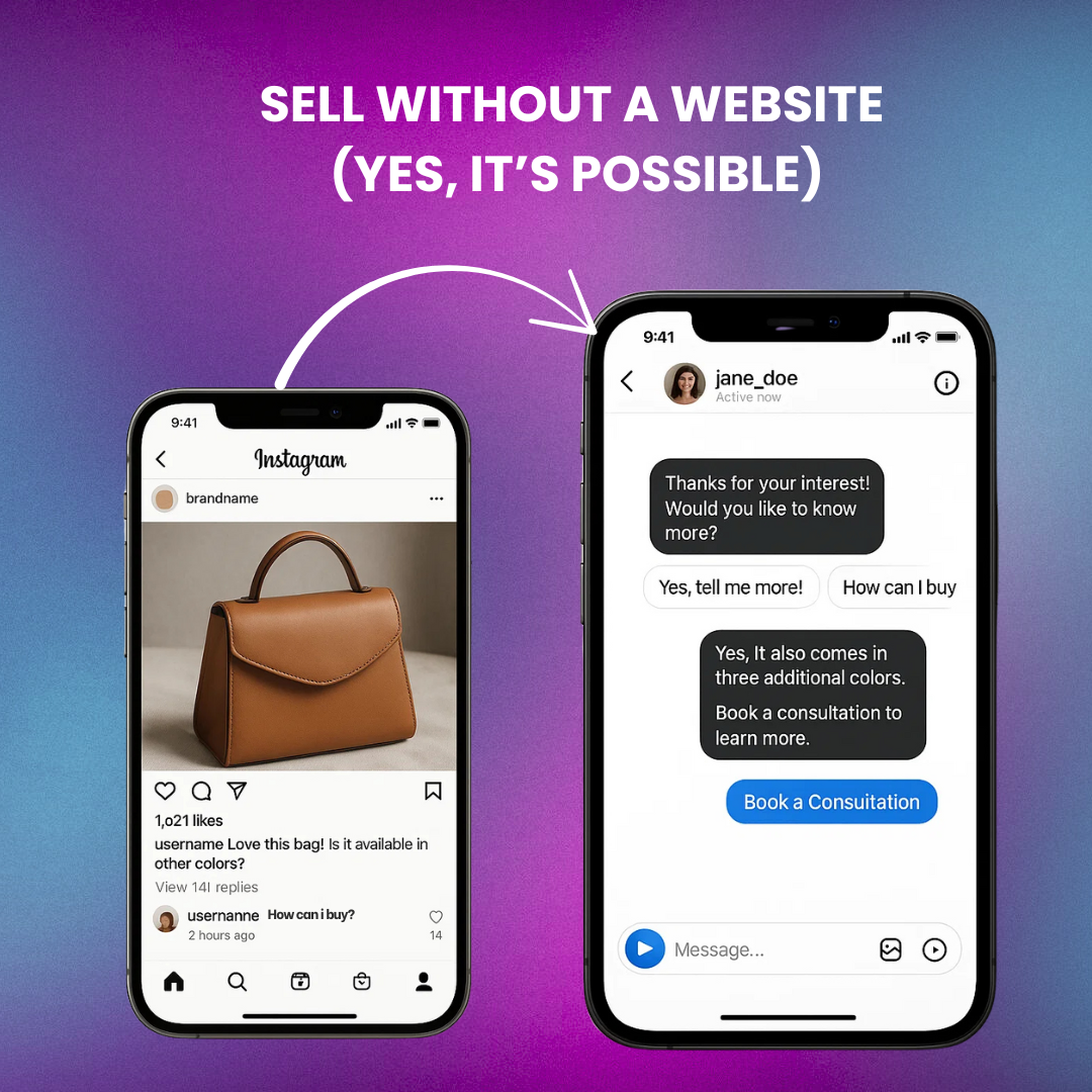 A mockup of a comment leading to a DM → smart reply → conversion flow, powered by Deepsolv.