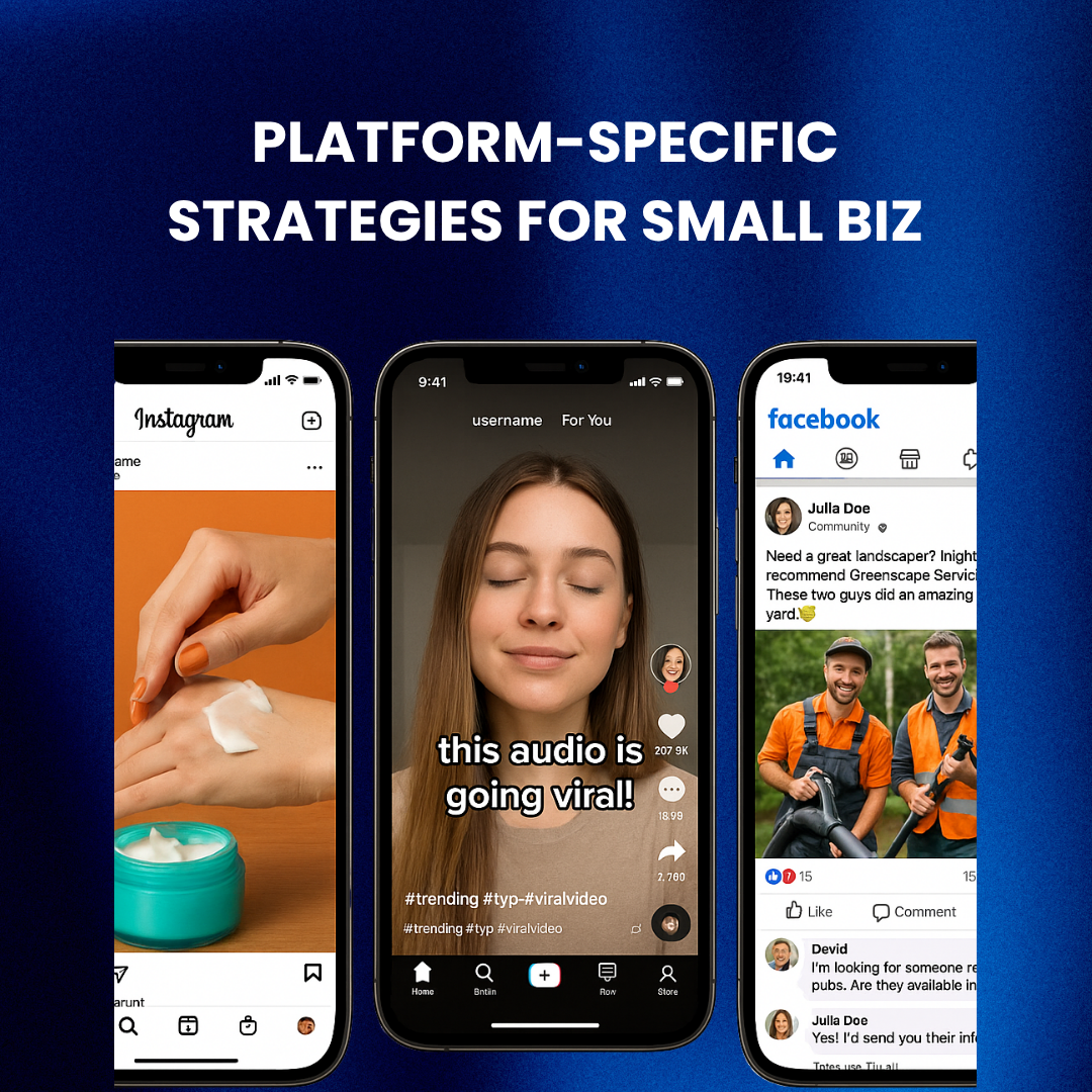 Comparison of Instagram, TikTok, and Facebook content strategies for small businesses.