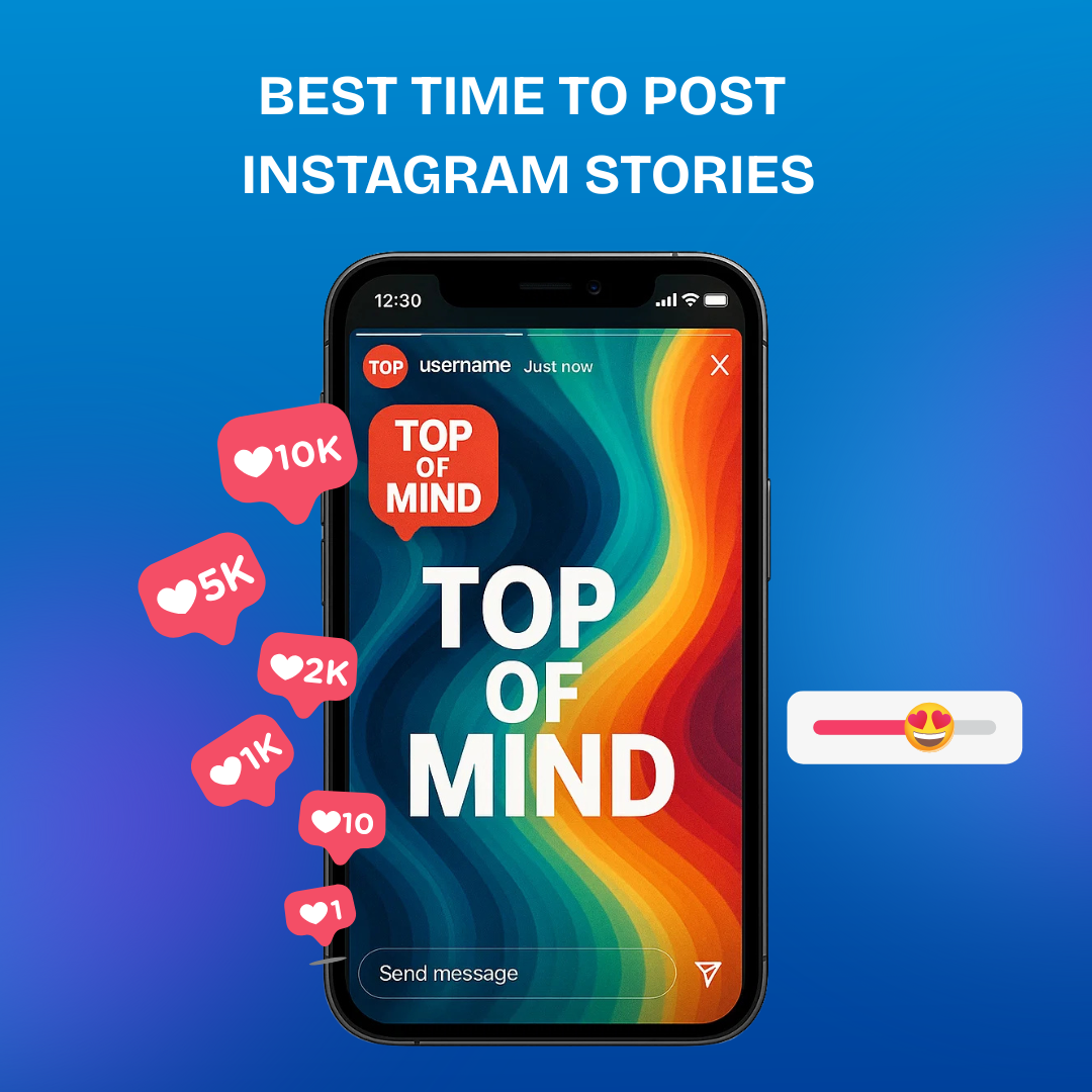 A phone screen mockup showing a Story going live at 12:30 PM with "Top of Mind" badge.