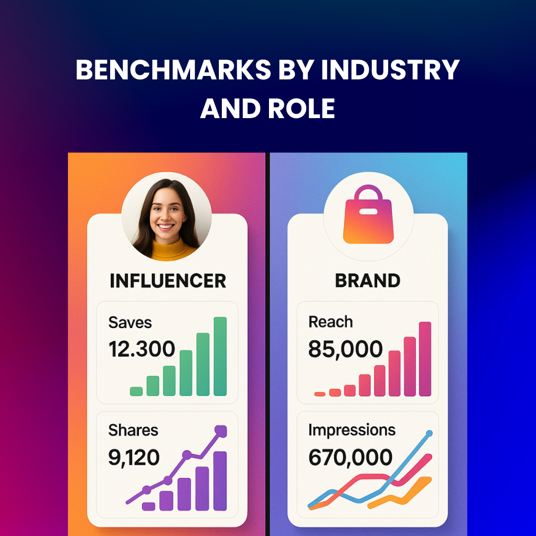 Comparison of social media performance metrics for creators and brands, highlighting how benchmarks vary across roles and industries