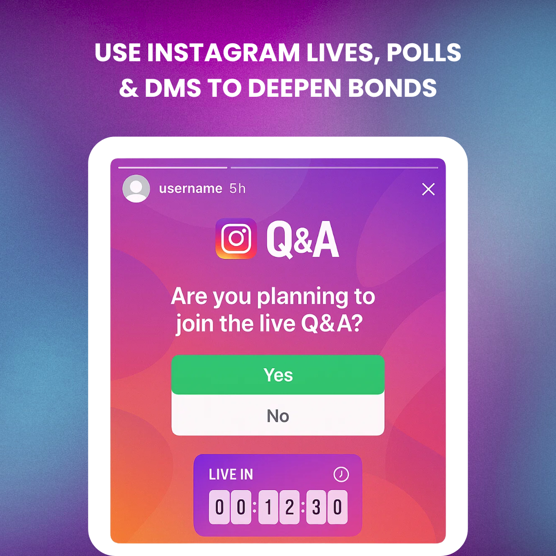Story screenshot showing a poll and a countdown timer leading up to an Instagram Live Q&A.