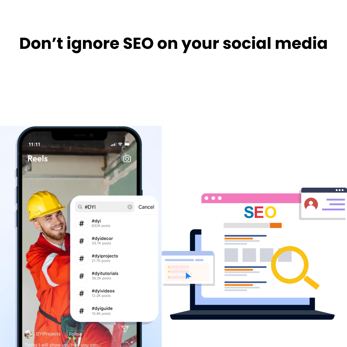 Text ‘Don’t ignore SEO on your social media’ with visuals such as of Instagram post, Youtube video etc.
