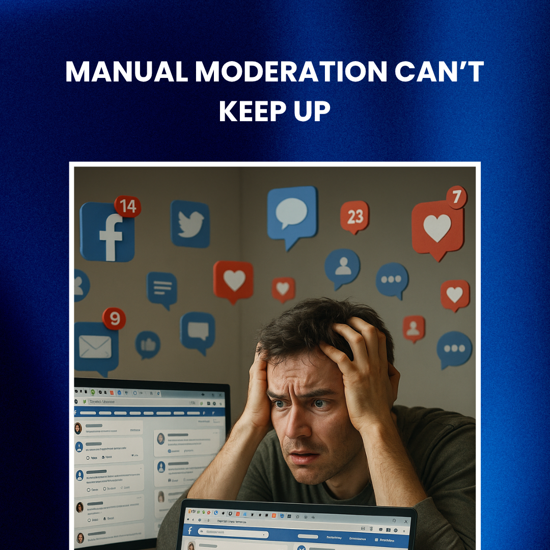 Social media manager overloaded with comment moderation tasks.