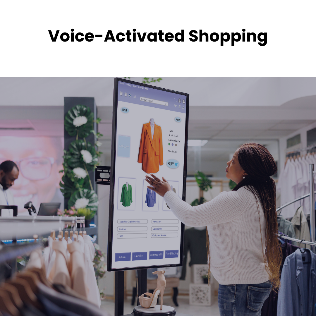 A user speaking a voice command like "Order this in size medium" into their phone while browsing an Instagram Shop page, triggering an automated checkout process.