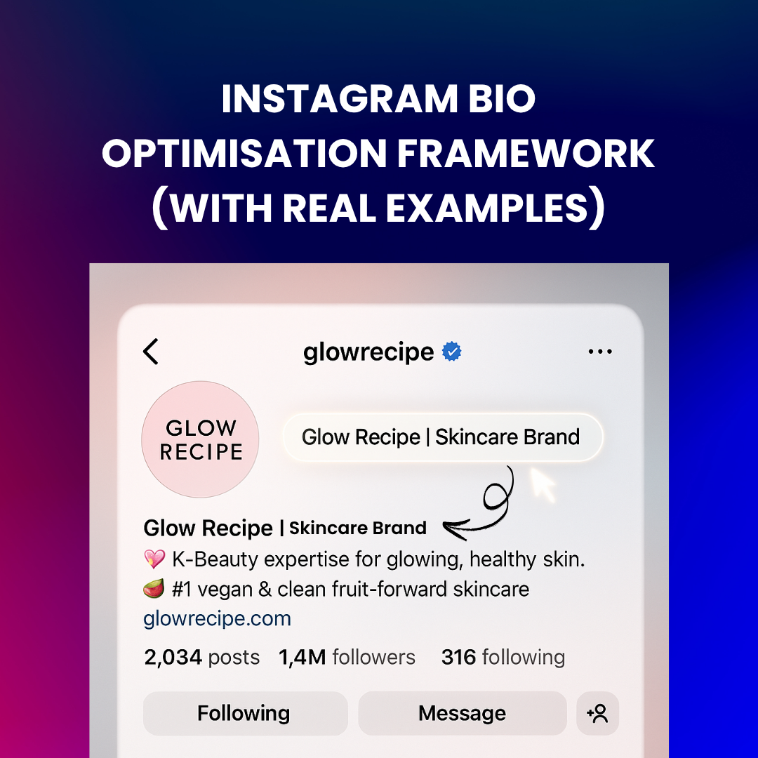 Glow Recipe Instagram profile example showing SEO-optimized name field using the keyword ‘Skincare Brand’.