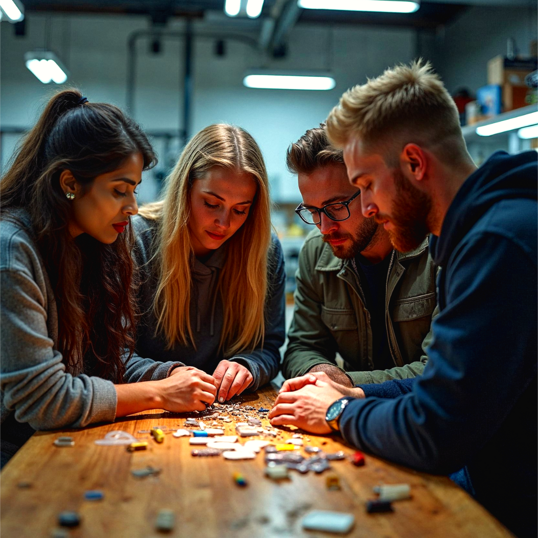 A behind-the-scenes photo of a team at a sustainable factory producing eco-friendly products.