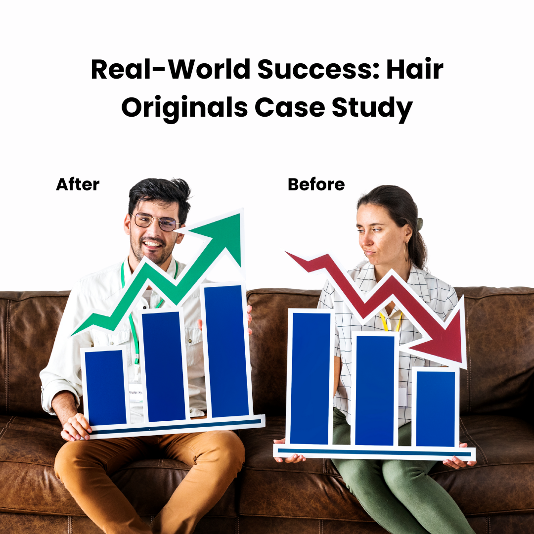 A before-and-after comparison of Hair Originals’ Instagram engagement metrics, illustrating the impact of AI automation on response time, conversions, and brand mentions.