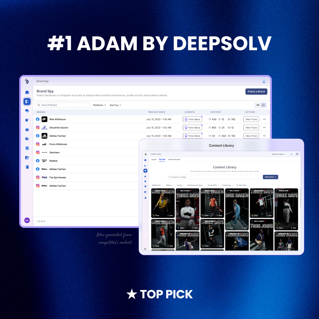 Adam dashboard showing competitor ad tracking + creative brief output