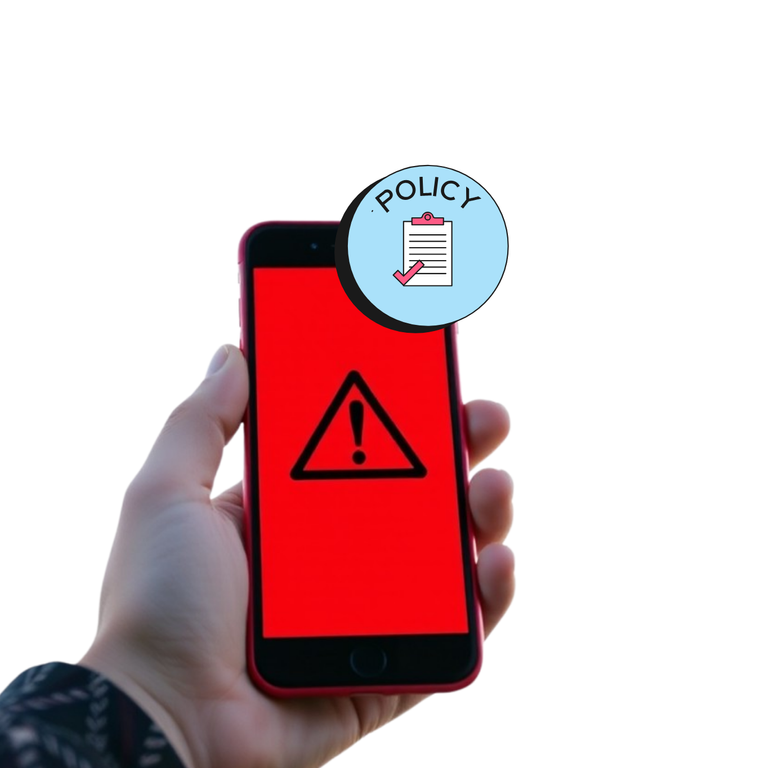 A warning pop-up on a phone screen indicating a policy violation due to improper message tagging.