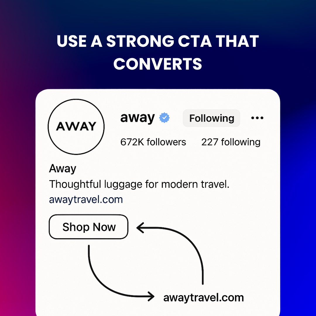 Away Travel Instagram bio example showing use of branded CTA and direct store locator link for higher conversions.