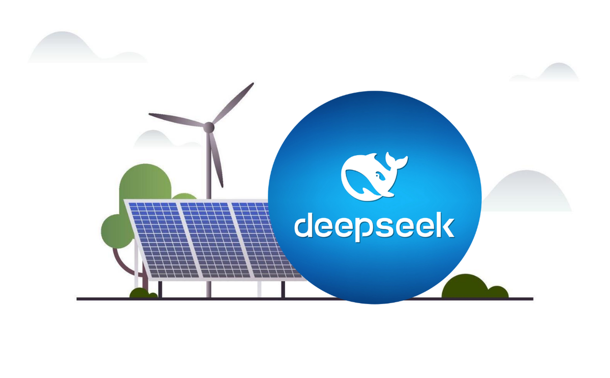 A graphic showing DeepSeek’s energy savings. Use icons for renewable energy (solar panels, wind turbines) and carbon emissions to highlight sustainability metrics.