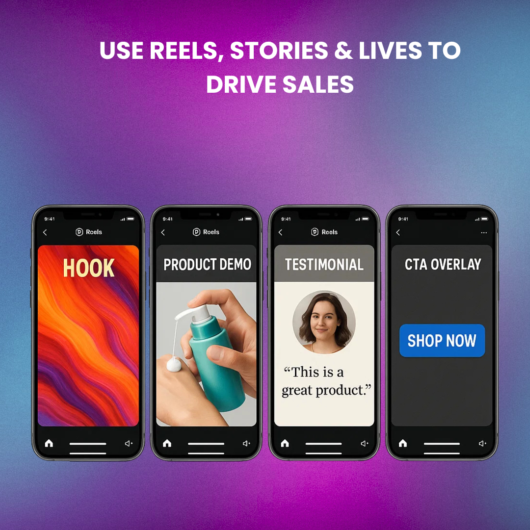 A storyboard of a Reel: Hook → Product Demo → Testimonial → CTA Overlay.