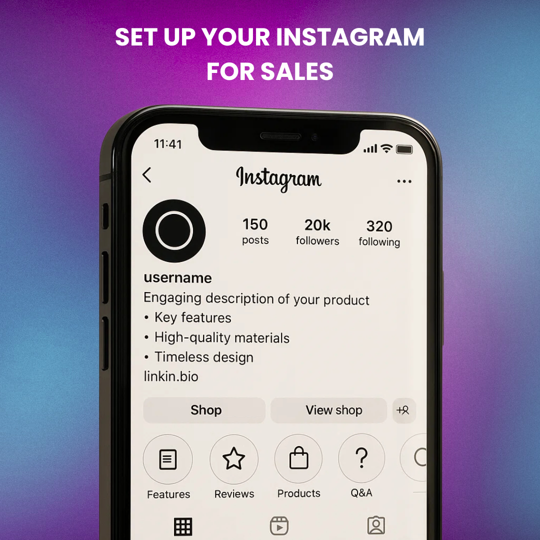 Mobile screen showing Instagram profile optimized with a product-focused bio, highlights, and Shop tab.
