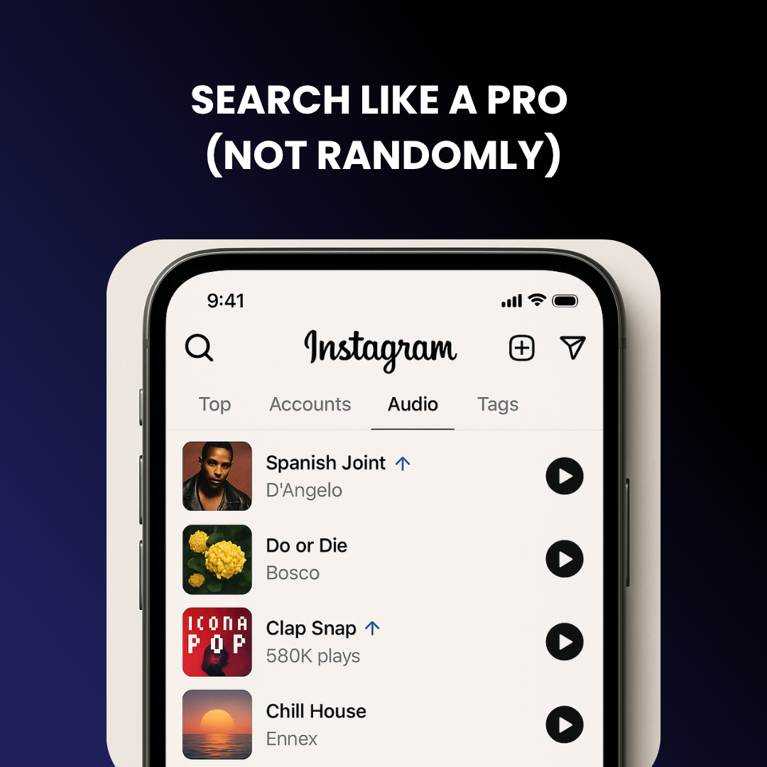 Instagram’s search interface with the Audio tab selected, displaying niche audio suggestions
