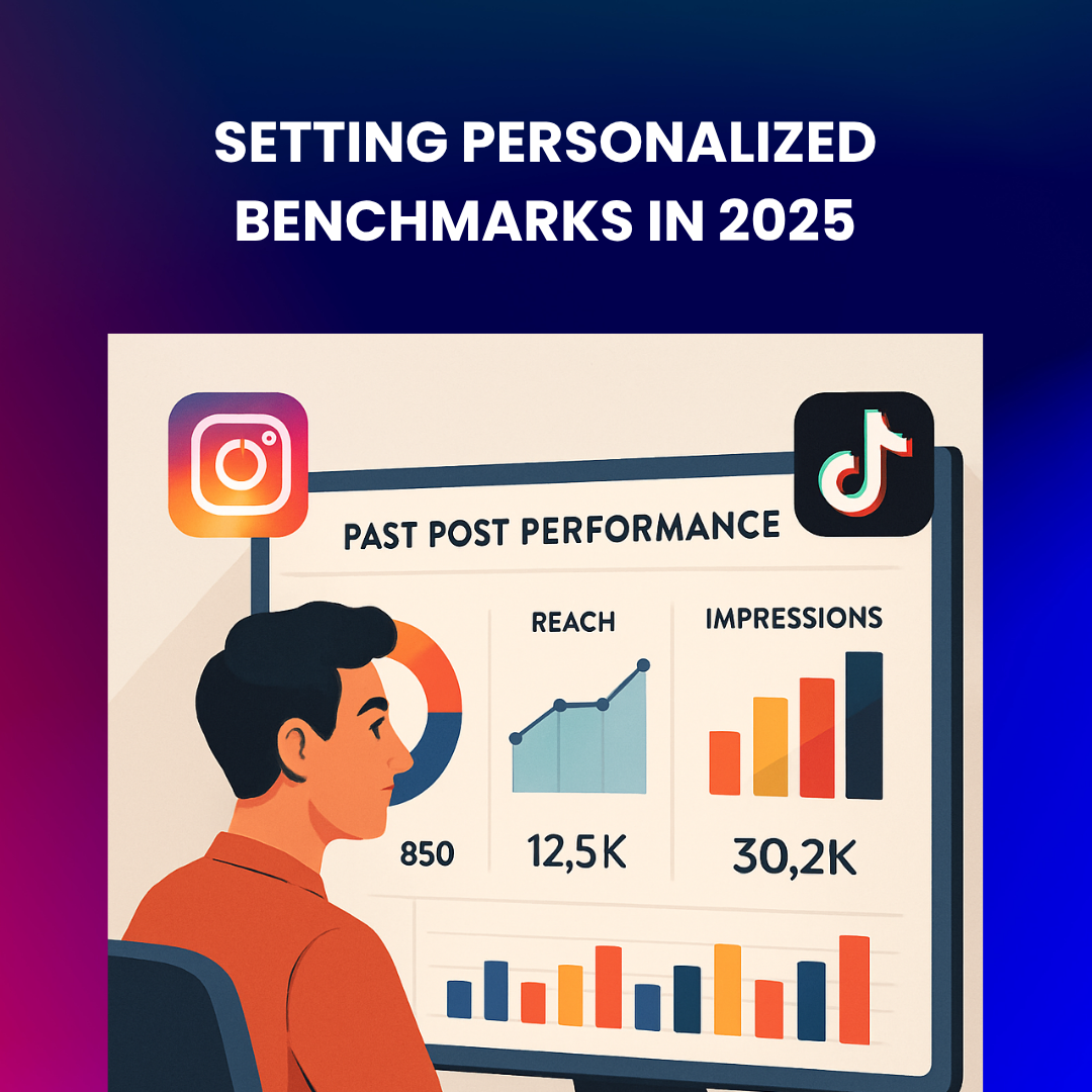 Marketer reviewing engagement and reach data on a social media analytics dashboard to set personalized benchmarks