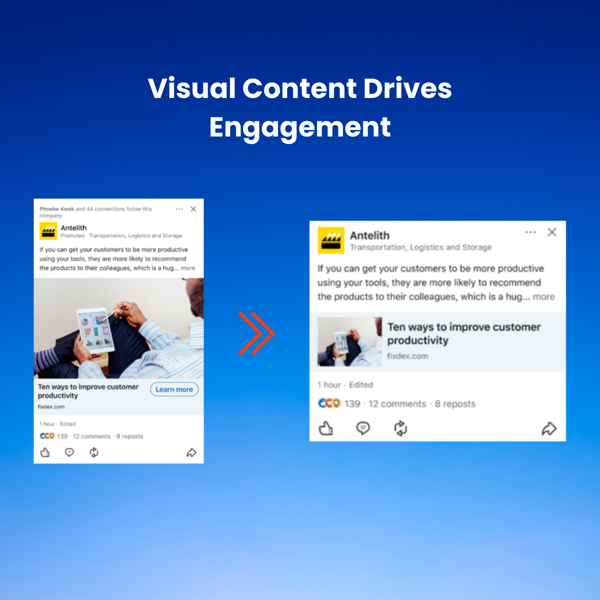 On the left hand, place posts with images, put ‘>’ in between and on right use a text-only post. The text will be ‘Focus on visuals’