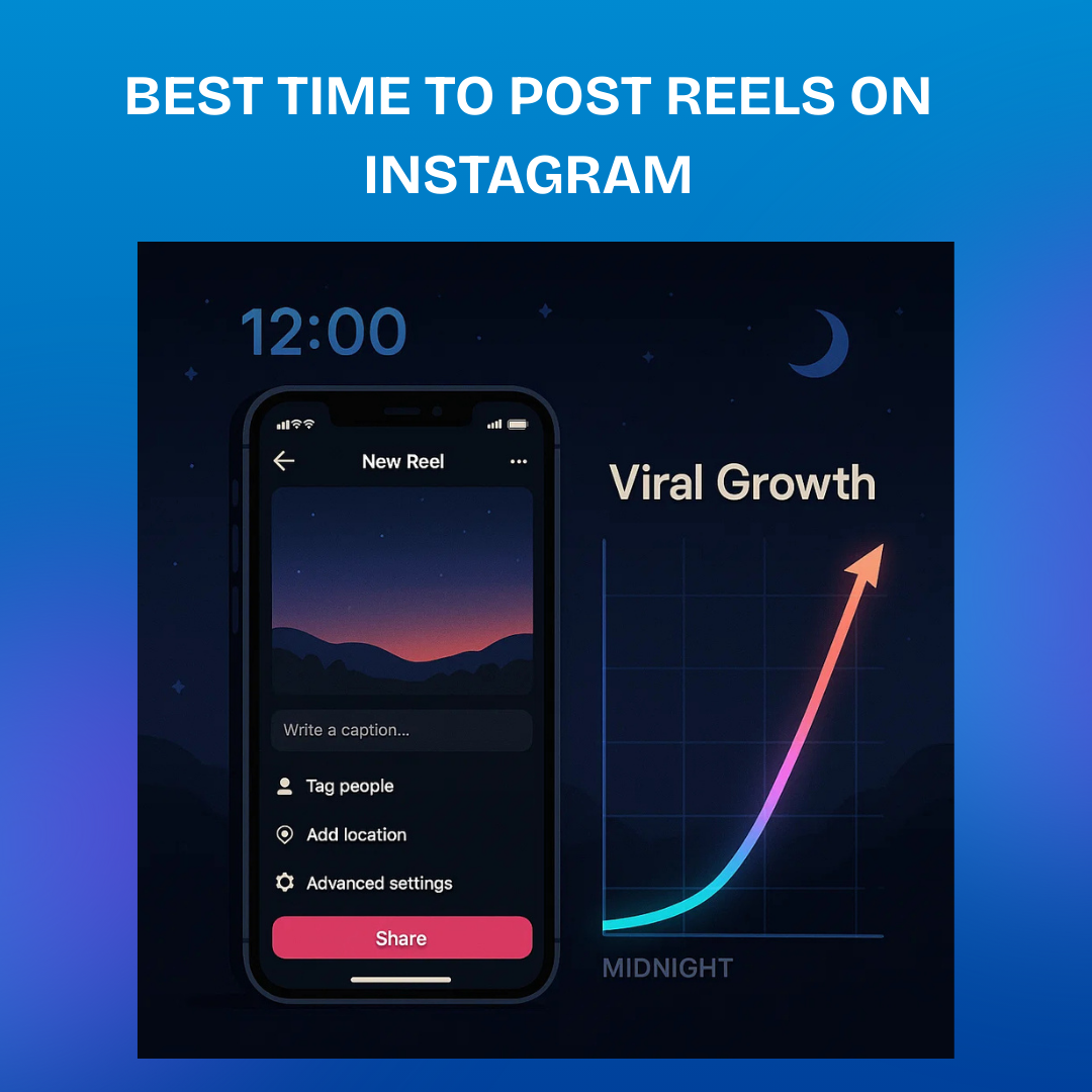 A Reel being posted at midnight with "viral growth" chart lines rising overnight.