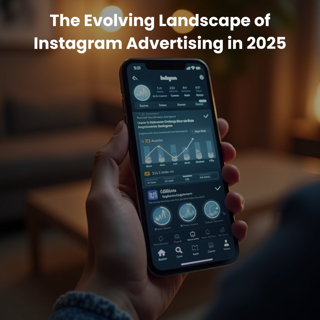 A futuristic Instagram interface showcasing AI-driven ad placements, with engagement metrics visibly improving.