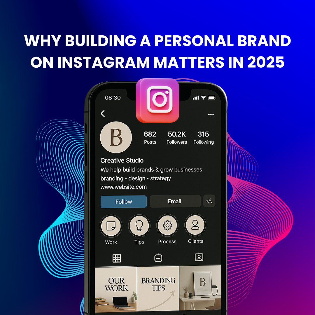 An illustrated Instagram profile mockup with highlights, bio, pinned posts, and follower counts emphasizing a cohesive brand identity.