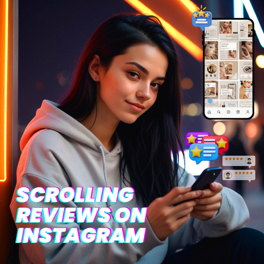 A young Gen Z consumer scrolling through Instagram reviews of skincare products, using user-generated content (UGC) as a decision-making tool.