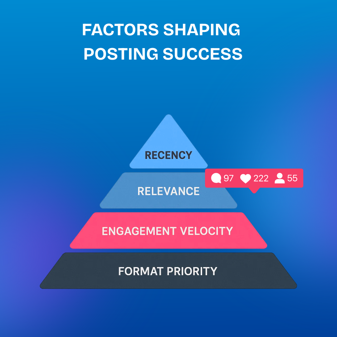 A layered "algorithm pyramid" showing Recency > Relevance > Engagement Velocity > Format Priority.