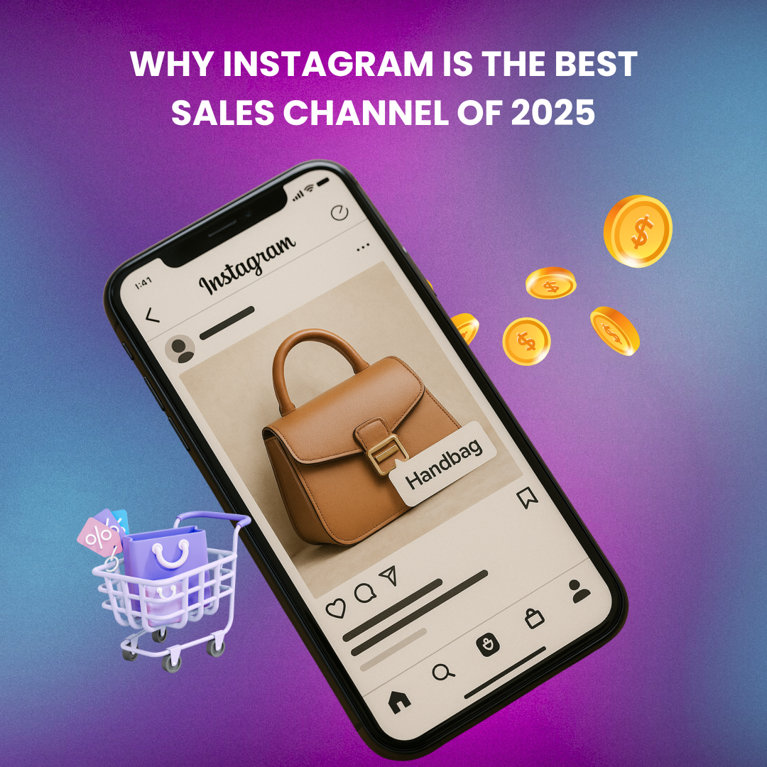 A digital illustration of a smartphone screen with Instagram open, highlighting a product-tagged post, engagement icons, and a shopping bag icon.