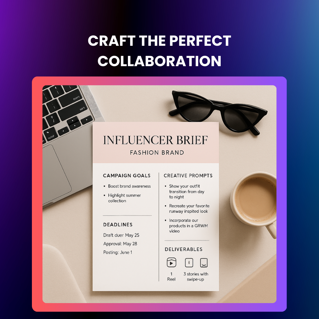 Influencer brief sample with campaign goals, creative prompts, deadlines, and deliverables.