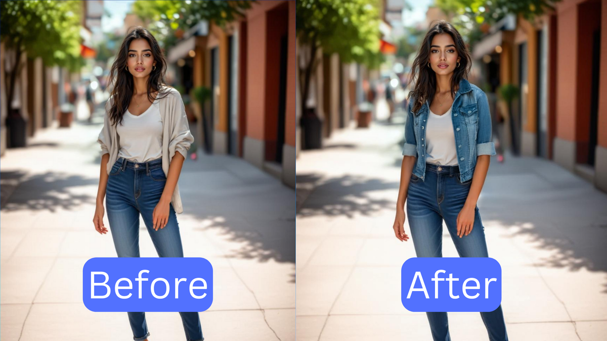 A split-screen showing before and after transformations of outfits styled with a denim jacket.
