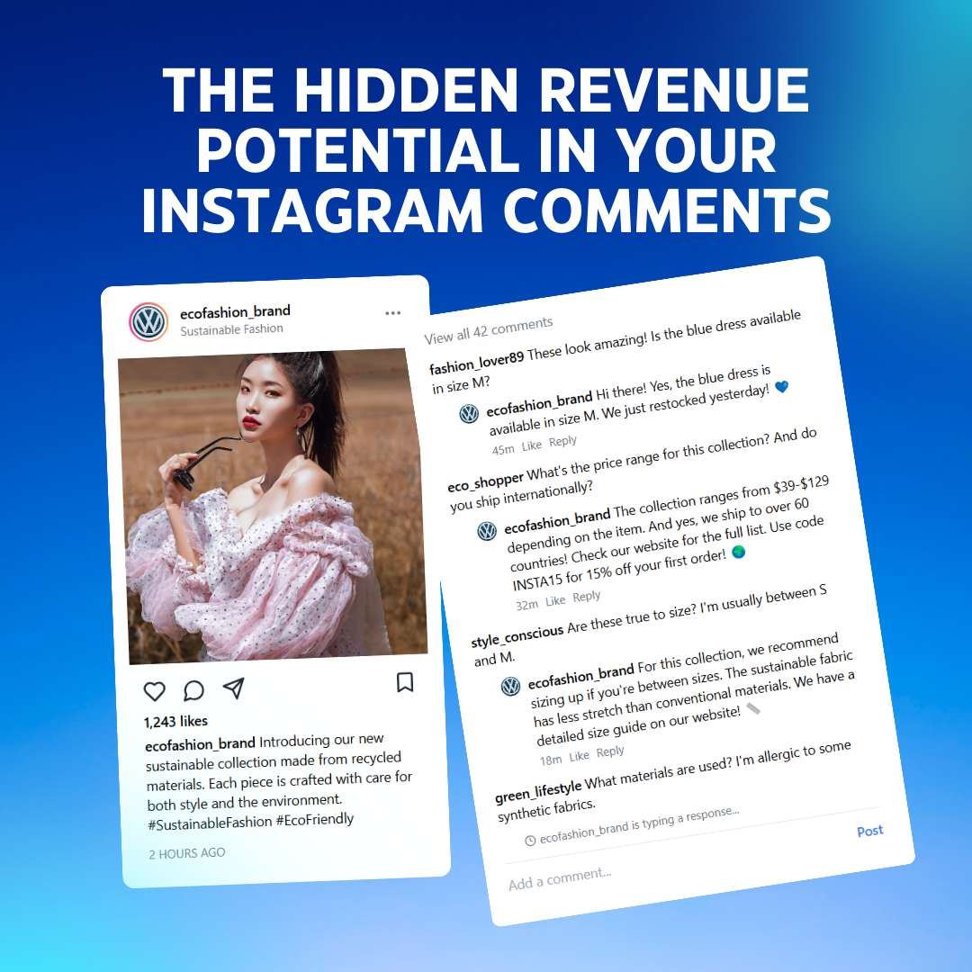A phone screen displaying an Instagram post with multiple comments, including customer inquiries about product availability and pricing. The brand account is actively responding to questions.