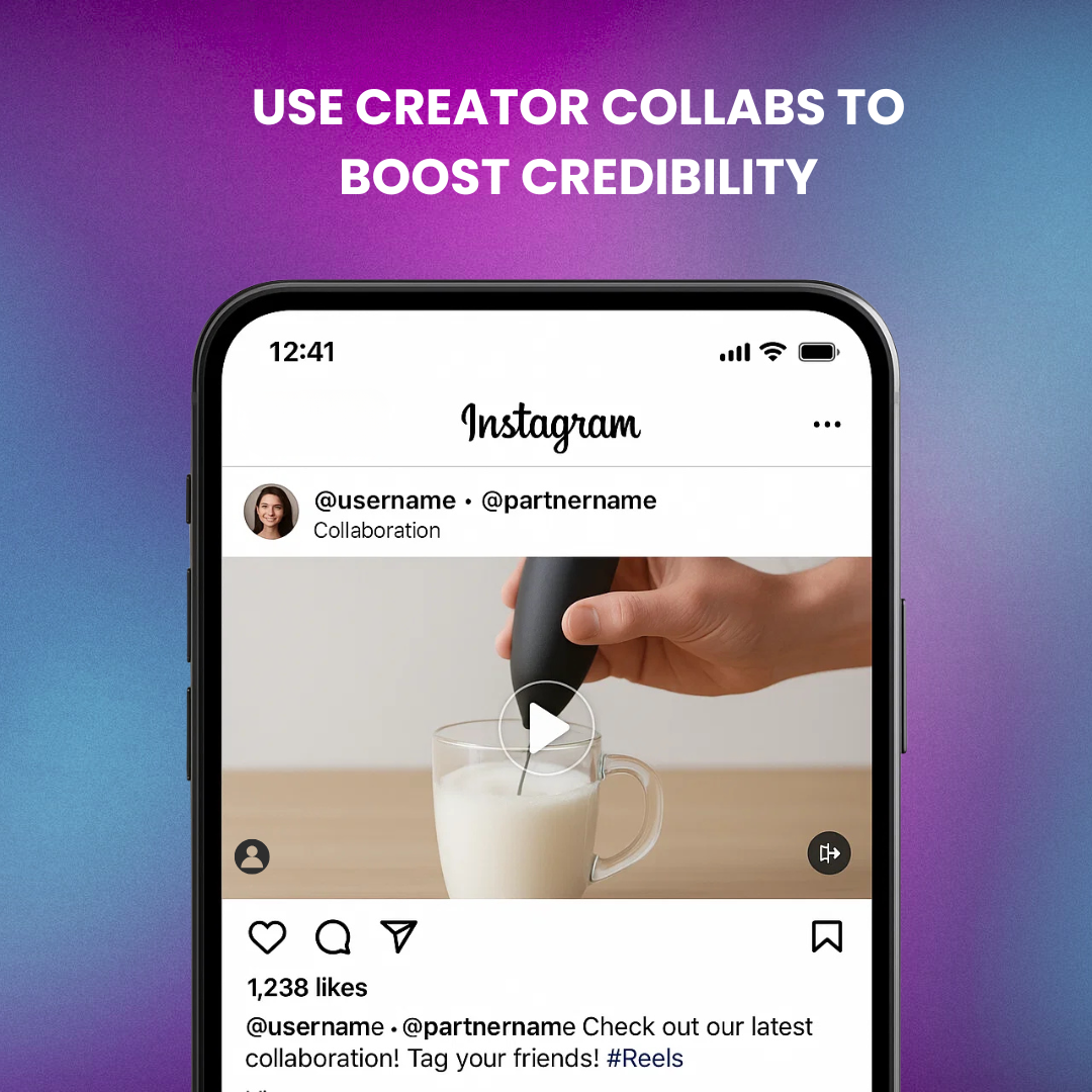 Collaboration post mockup with dual handles and a product demo Reel.