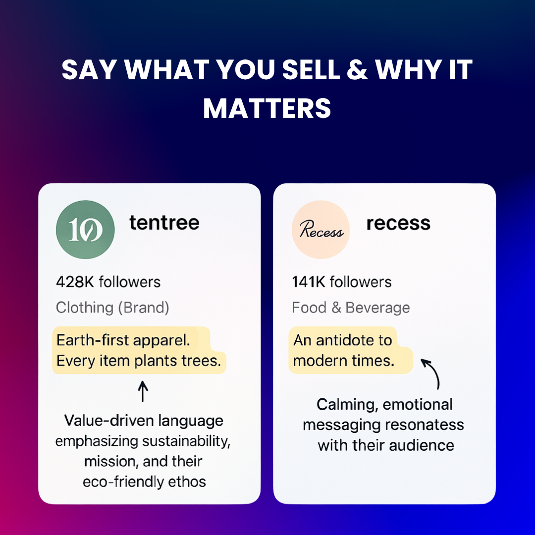 Instagram bios of Tentree and Recess showing mission-driven messaging and emotional branding