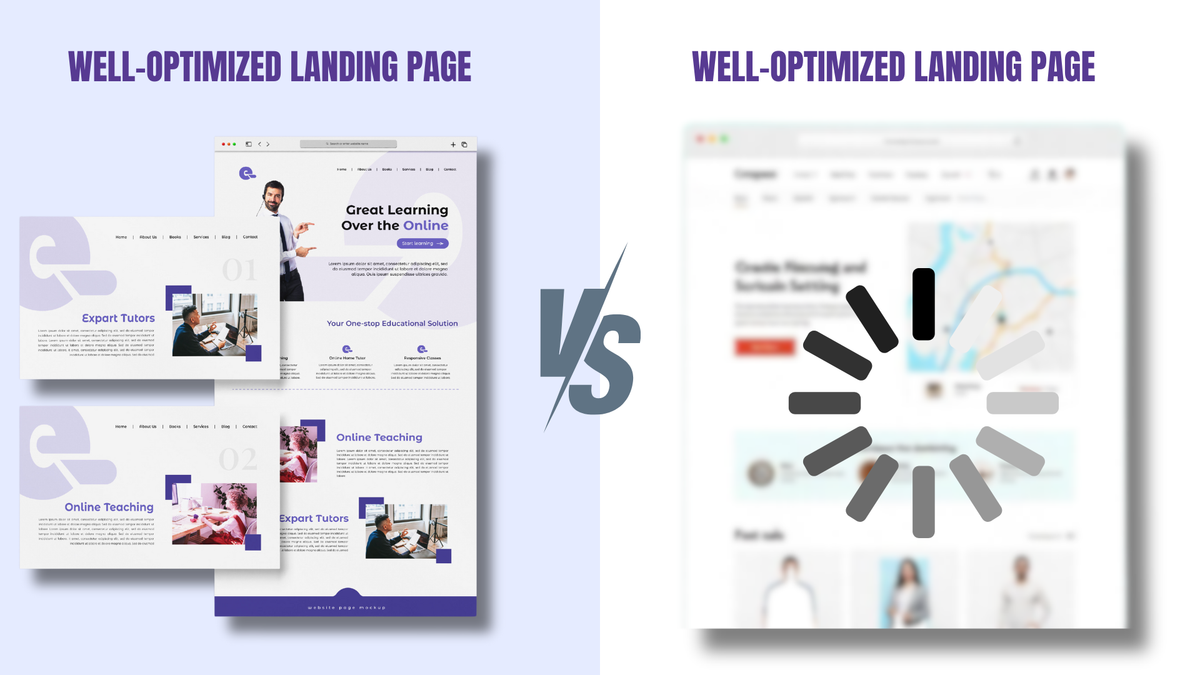A split-screen comparison of a well-optimized landing page (with clear CTAs, product images, and fast loading time) vs. a cluttered, slow-loading page.